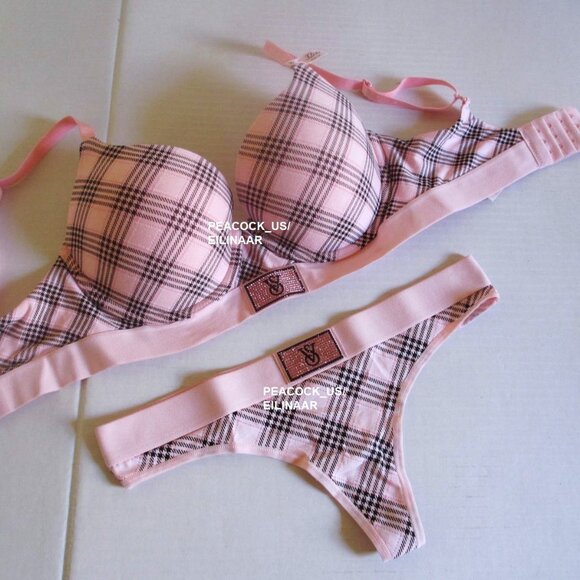 32DD/S Victoria Secret Shine Patch Cotton Push Up Bra Set Thong Panty Pink Plaid - Picture 1 of 13